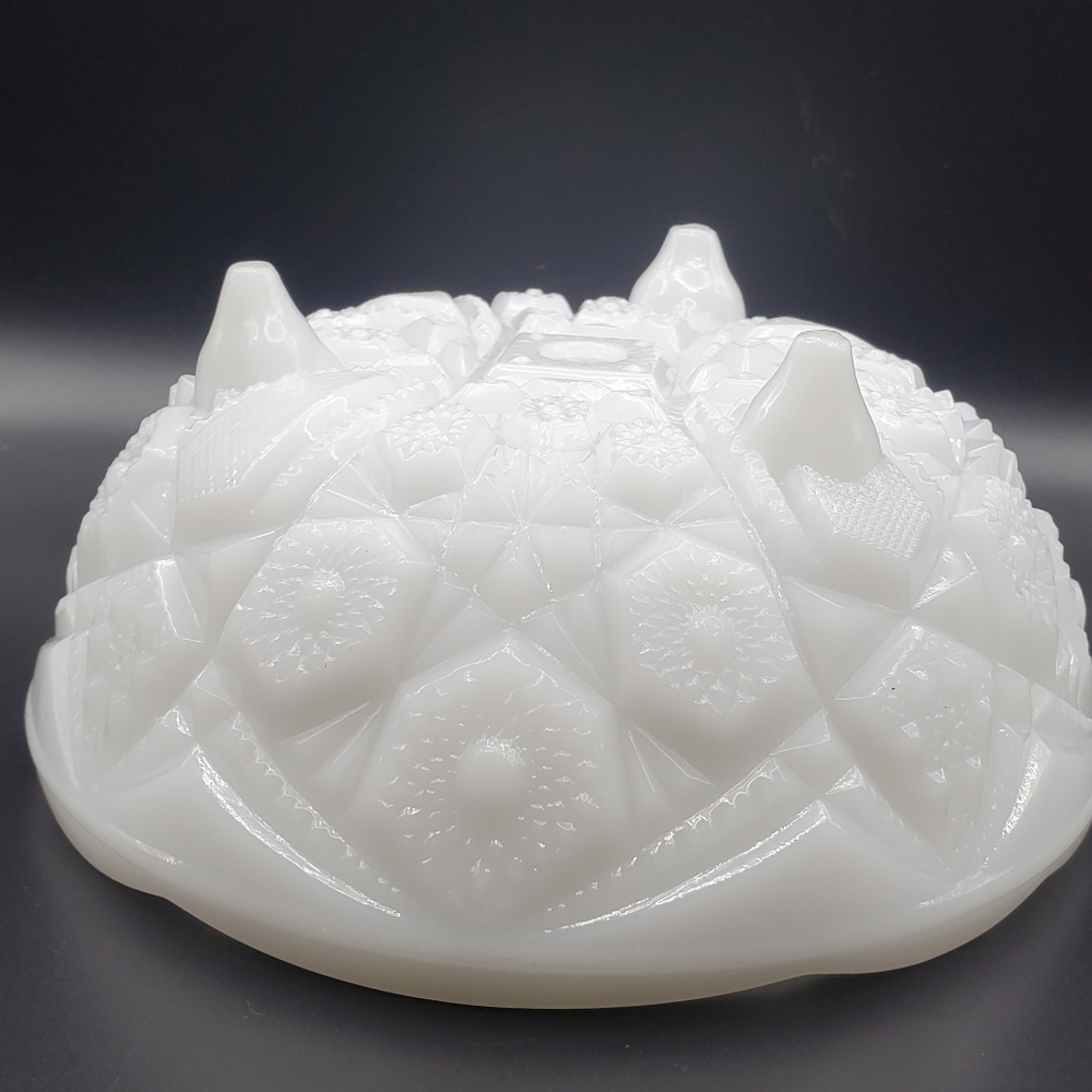 McKee Milk Glass Footed Bowl Toltec Pattern Cottagecore White Three Toed Dish 7" - Picture 2 of 9